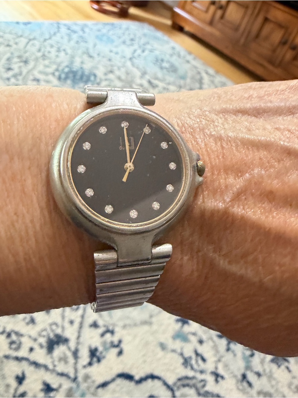 Dunhill Silver-Tone Watch with Black Dial and Crystal Markers